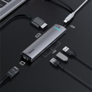 Diamond Wings Store ניסוי Baseus 6 in 1 USB-C Type-C Hub Adapter with 3 * USB 3.0 Ports/Type-C PD Charging Port/4K HD Display Interface/Gigabit RJ45 Network