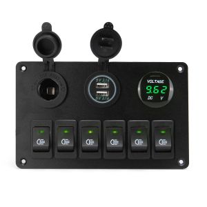 Diamond Wings Store ניסוי 6 Gang ON-OFF Toggle Rocker Switch Panel with Dual USB Charger Port Lighter LED Voltmeter 12-24V for Car Boat Marine RV Truck