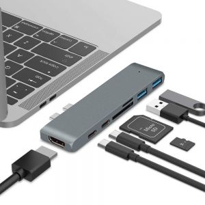 Diamond Wings Store ניסוי Bakeey 7-in-1 Dual USB-C Hub Adapter with 2 USB 3.0 Ports/USB-C Data Transmission Port/100W USB-C PD Charging Port/4K HD Display I