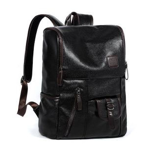 Diamond Wings Store ניסוי Men PU Leather Solid Vintage Large Capacity Backpack USB Charging Shoulder Bag