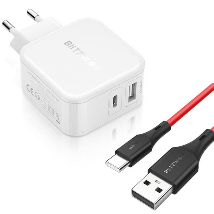Diamond Wings Store ניסוי BlitzWolf® BW-S11 30W Type-C PD/QC3.0+2.4A Dual USB Charger EU + BW-TC15 3A USB Type-C Charging Data Cable