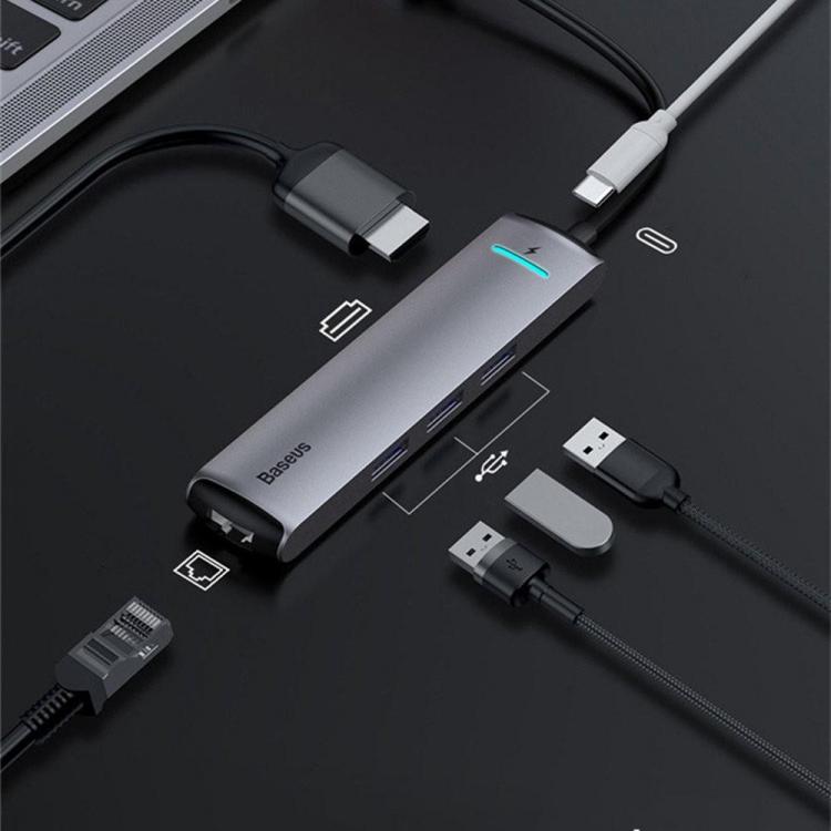 Diamond Wings Store ניסוי Baseus 6 in 1 USB-C Type-C Hub Adapter with 3 * USB 3.0 Ports/Type-C PD Charging Port/4K HD Display Interface/Gigabit RJ45 Network