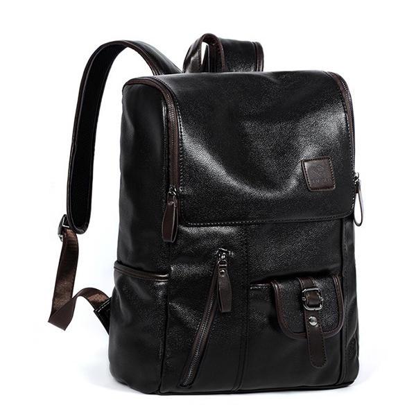 Diamond Wings Store ניסוי Men PU Leather Solid Vintage Large Capacity Backpack USB Charging Shoulder Bag