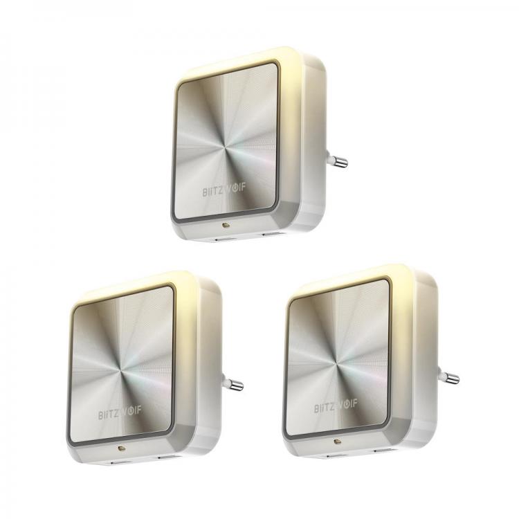 Diamond Wings Store ניסוי 3pcs BlitzWolf® BW-LT14 Plug-in Smart Light Sensor LED Night Light with Dual USB Charging Socket